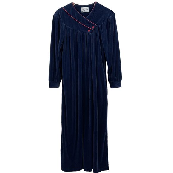 Vintage Lisanne Navy Blue Velour 1/2 Zip Velvet Robe Housecoat Women's Small - Picture 1 of 11